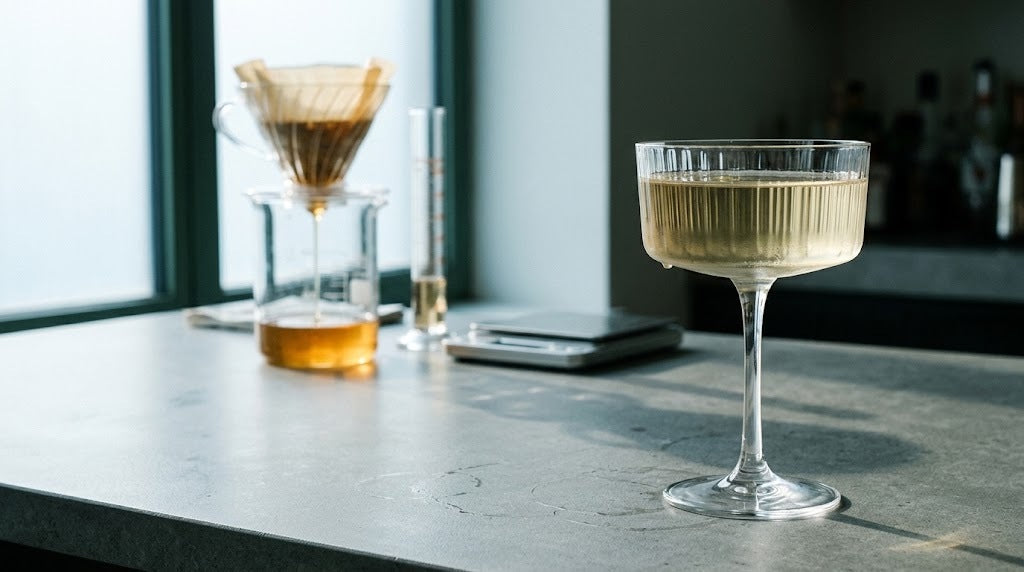 Milk punch clarifié servi dans une coupette, exemple de cocktail de bar laboratoire