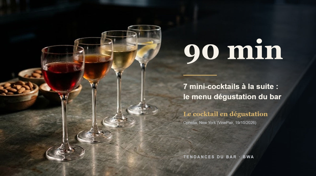 Cocktail omakase : petits verres à pied alignés sur un comptoir pour un menu dégustation de cocktails