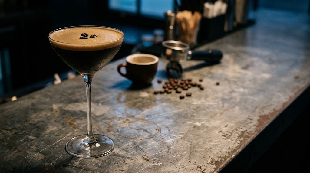 Espresso Martini servi dans une coupetini Savage, illustration du cocktail et de l'aperitivo