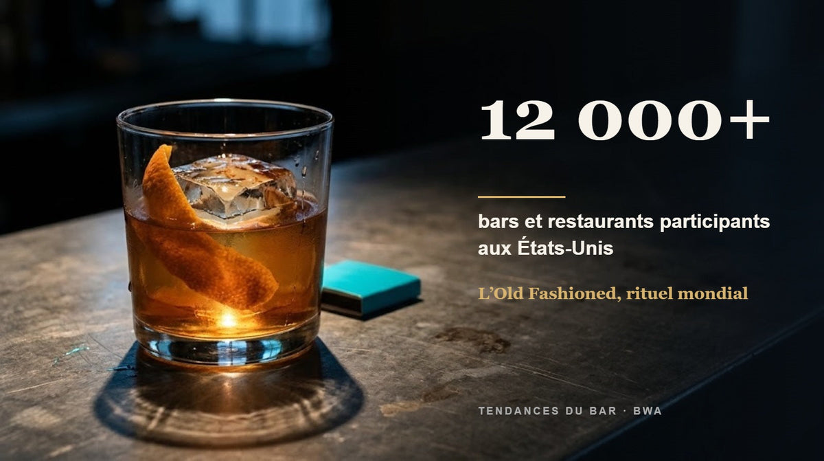 Old Fashioned dans un verre Low Ball Savage, glaçon clair et zeste d'orange sur un comptoir en zinc