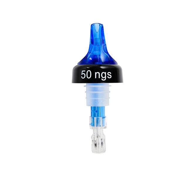 Bec verseur à bille bleu avec bague noire marquée 50 ngs sur fond blanc, photo fournisseur