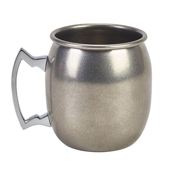 Mug Moscow mule argent à poignée inox sur fond blanc, photo fournisseur