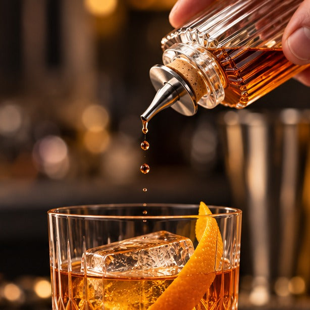 Bouteille bitter Mezclar Liberty 14,3 cl, versant du bitter dans un old fashioned