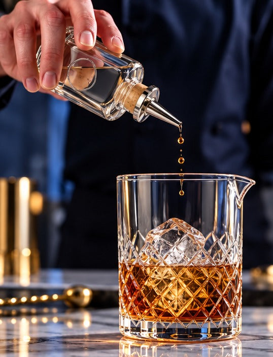 Bouteille bitter Luigi Bormioli Elixir n°2 10 cl, versant du bitter sur un old fashioned