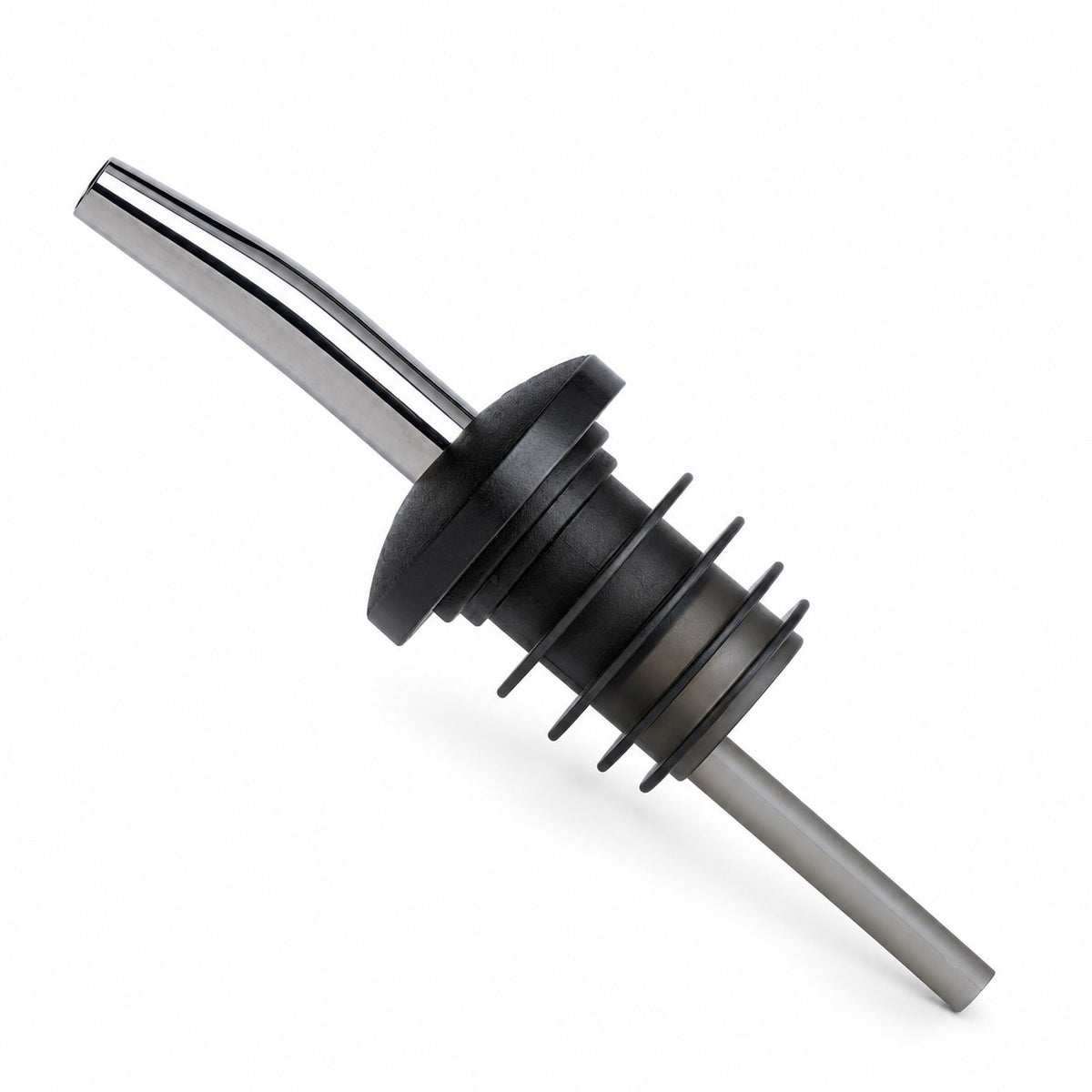 Bec verseur Piazza Steady Spout en inox avec bouchon noir, vu en perspective sur fond blanc