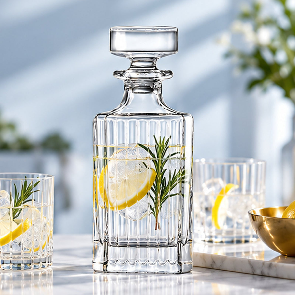 Carafe RCR Timeless remplie d'eau avec tranches de citron et romarin, verres garnis de citron sur un plan de marbre