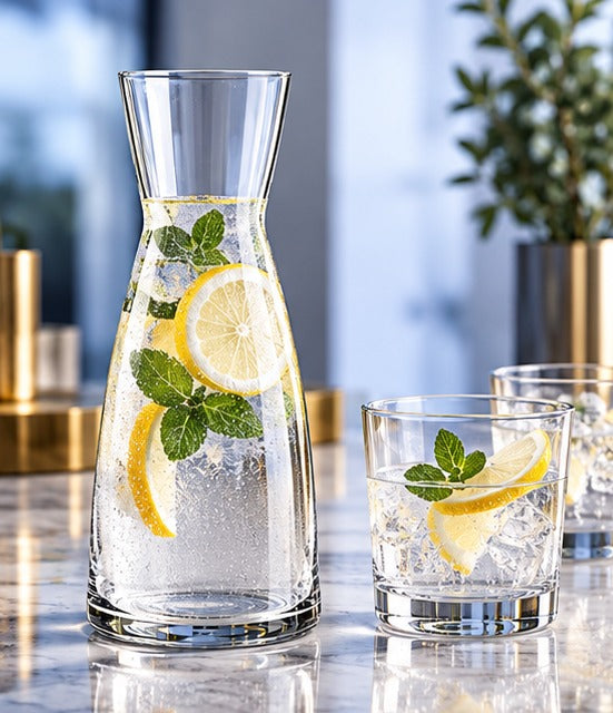 Carafe Bormioli Rocco Ypsilon 55 cl, garnie d'eau, de citron et de menthe à côté de verres