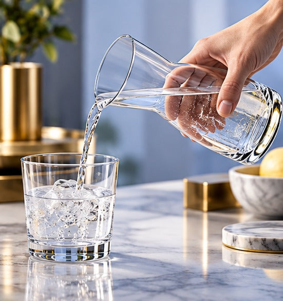 Carafe Bormioli Rocco Ypsilon 55 cl, versant de l'eau dans un verre