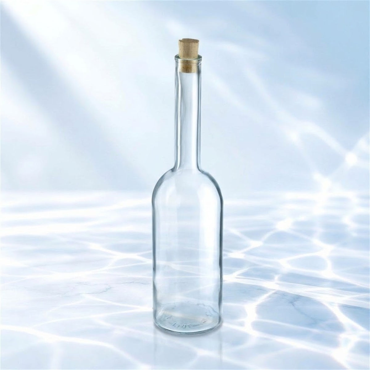Bouteille de service en verre clair de 70 cl avec bouchon liège, vide, debout sur un marbre blanc avec reflets d'eau, fond bleu clair