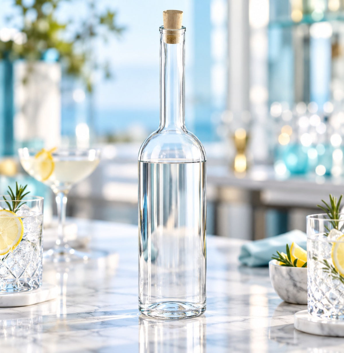 Bouteille de service en verre clair Opera Classico sur un comptoir en marbre, verres et citrons en arrière-plan