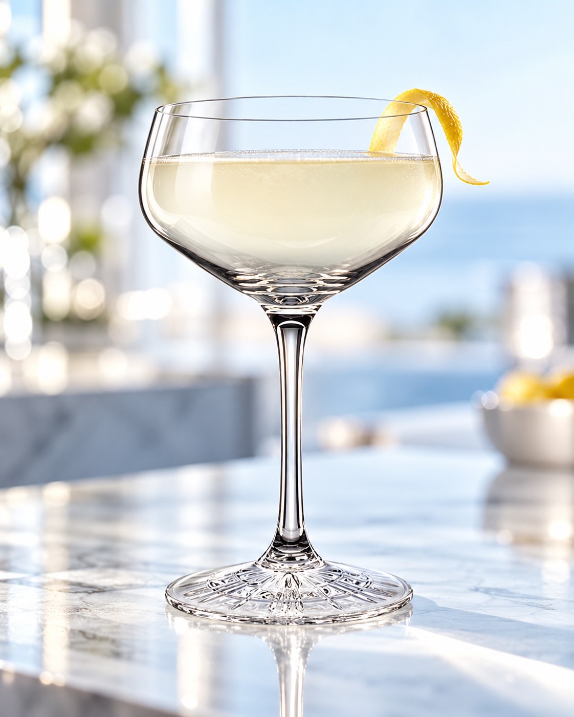 Coupette Spiegelau Perfect Serve remplie d'un cocktail clair avec zeste de citron sur un comptoir en marbre, vue sur la mer