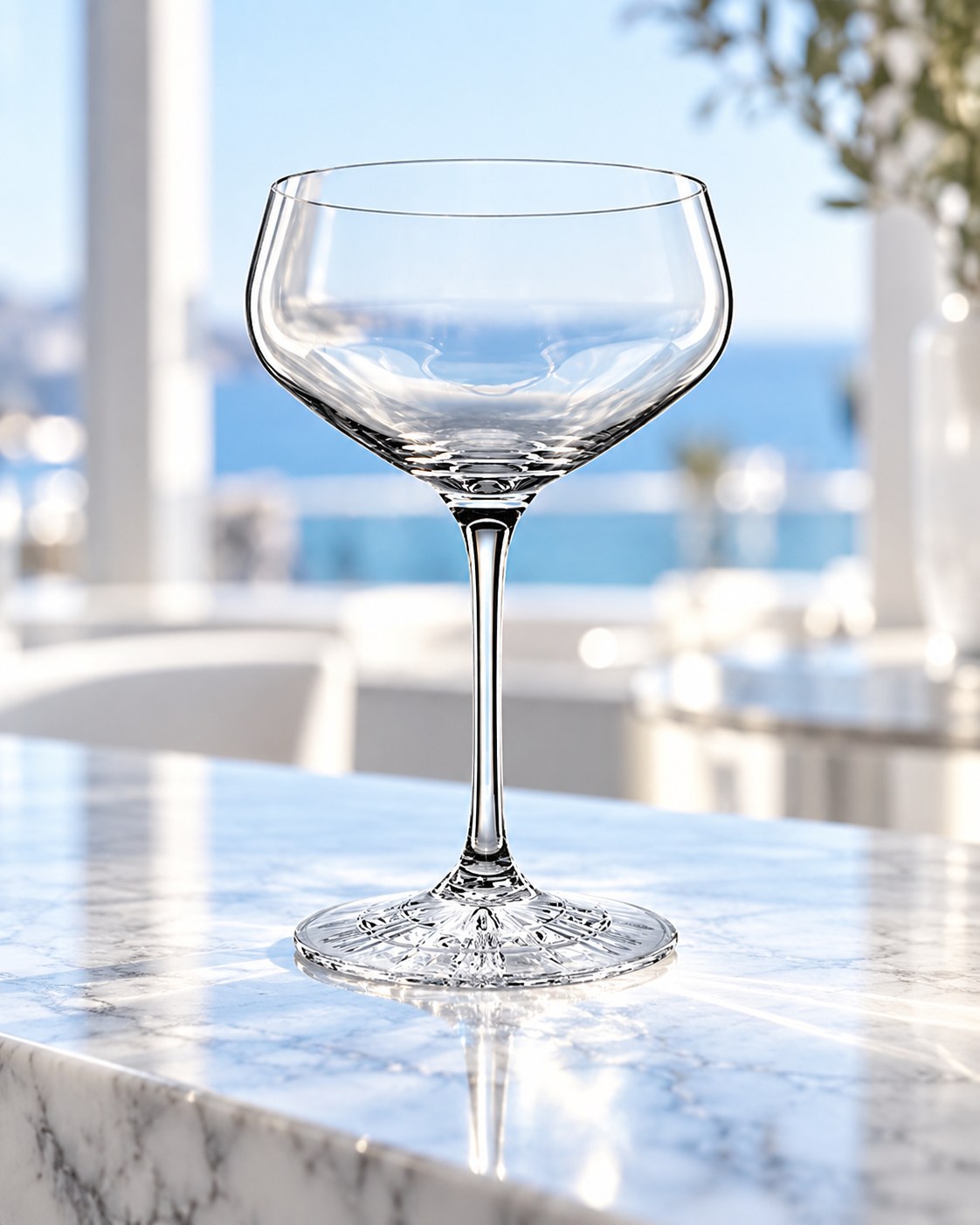 Coupette Spiegelau Perfect Serve vide sur un comptoir en marbre, terrasse et mer en arrière-plan