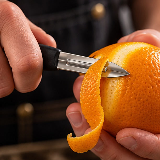 Éplucheur Genware UK 10,2 cm, épluchant une orange
