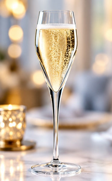 Flûte à champagne Luigi Bormioli Prestige 20 cl, avec du champagne sur une table de marbre aux bougies