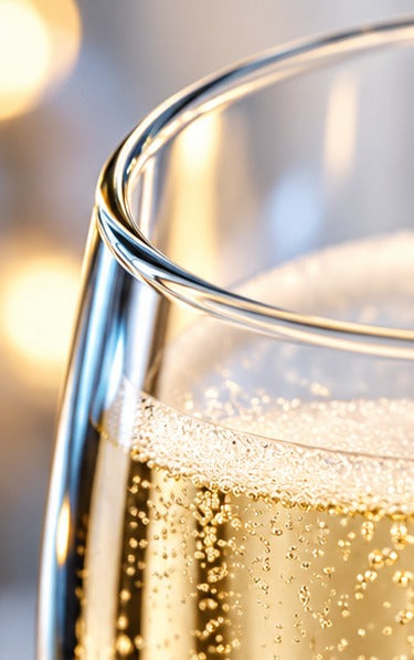 Flûte à champagne Luigi Bormioli Prestige 20 cl, Gros plan sur les bulles dans le flûte à champagne Luigi Bormioli Prestige 20 cl