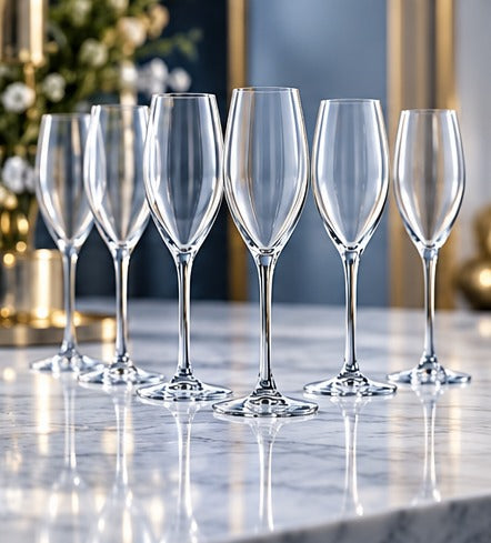 Flûte à champagne Chef & Sommelier Grands Cépages 25 cl, en série de six sur un plan de marbre