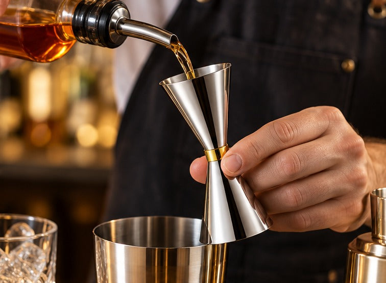 Jigger Mr Slim Haut de gamme 60/90 ml, versant un spiritueux pendant le service