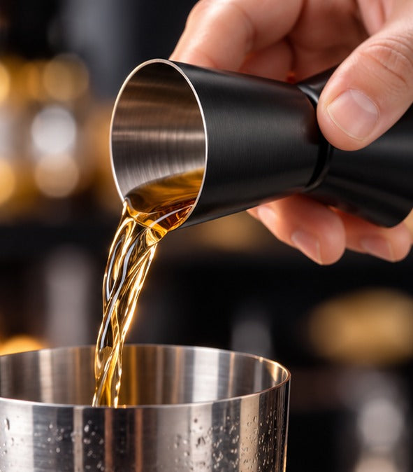 Jigger noir BWA Généraliste 25/50 ml, versant un spiritueux dans un shaker
