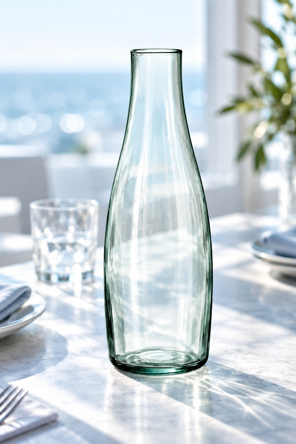 Carafe Mia en verre recyclé 125 cl sur une table dressée en terrasse, verre et assiettes autour