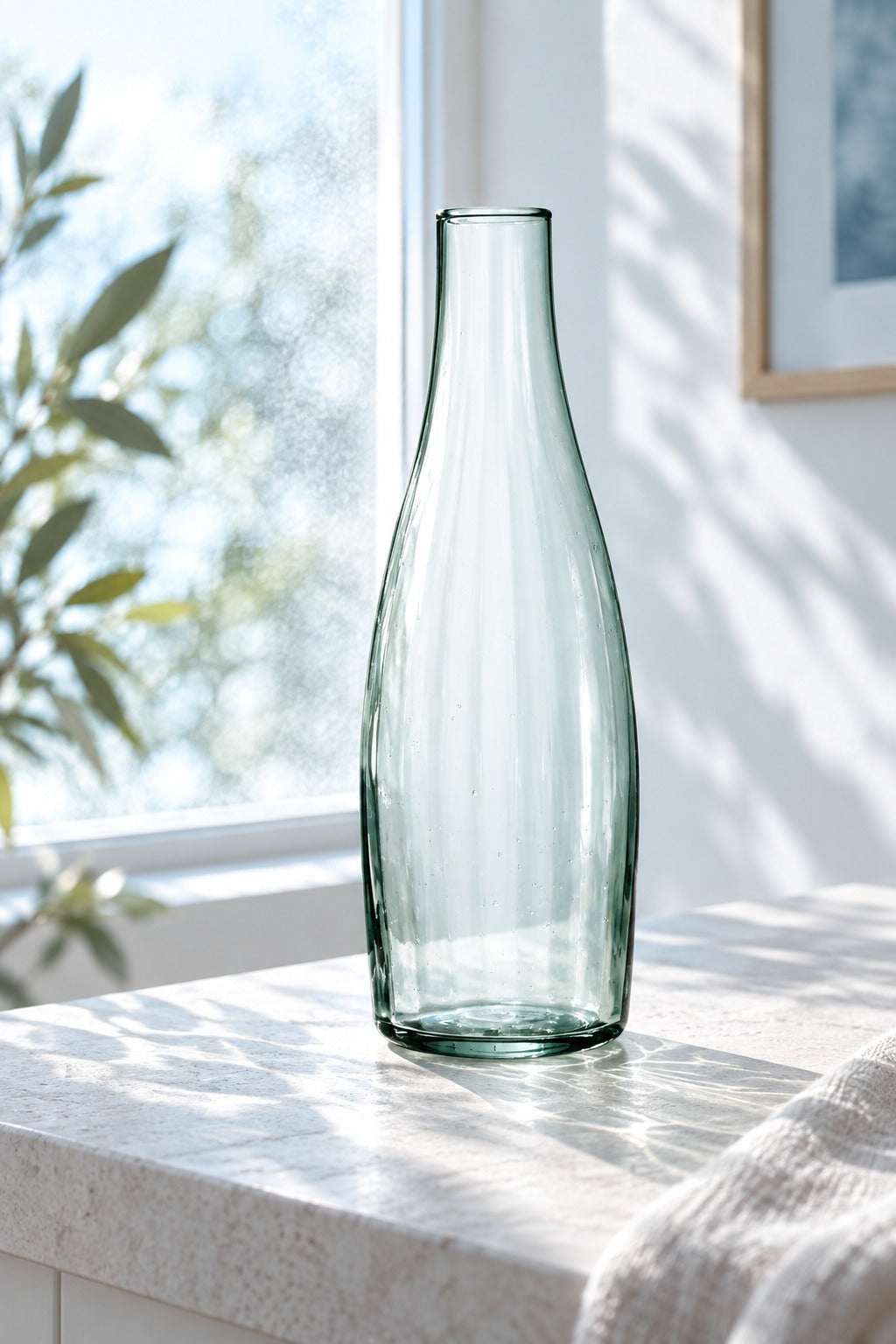 Carafe Mia en verre recyclé 125 cl sur un plan de travail devant une fenêtre lumineuse
