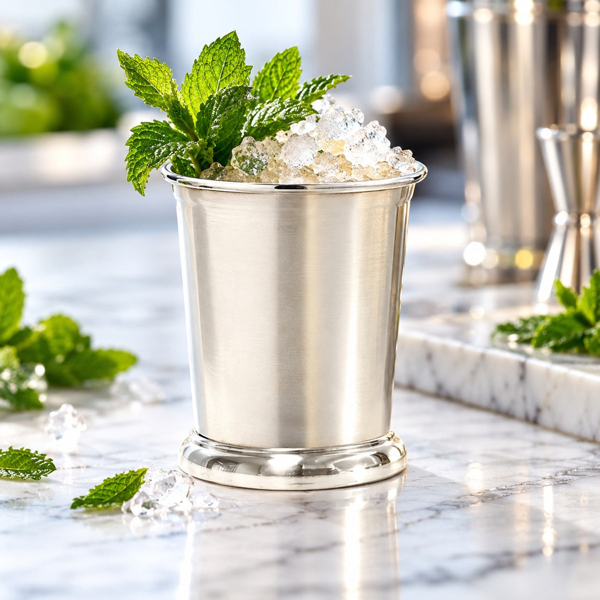 Julep Cup argent rempli de glace pilée et de menthe fraîche sur un plan de marbre
