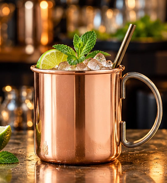 Mug droit Genware EU cuivre 48 cl, avec un moscow mule, menthe et citron vert