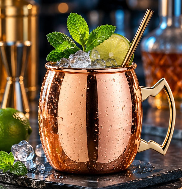 Moscow mule Mezclar Barrel Mug poignée or 50 cl, avec menthe, citron vert et glace pilée