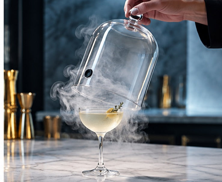 Cloche Cocktail Cover 100% chef, soulevée au-dessus d'un cocktail fumé