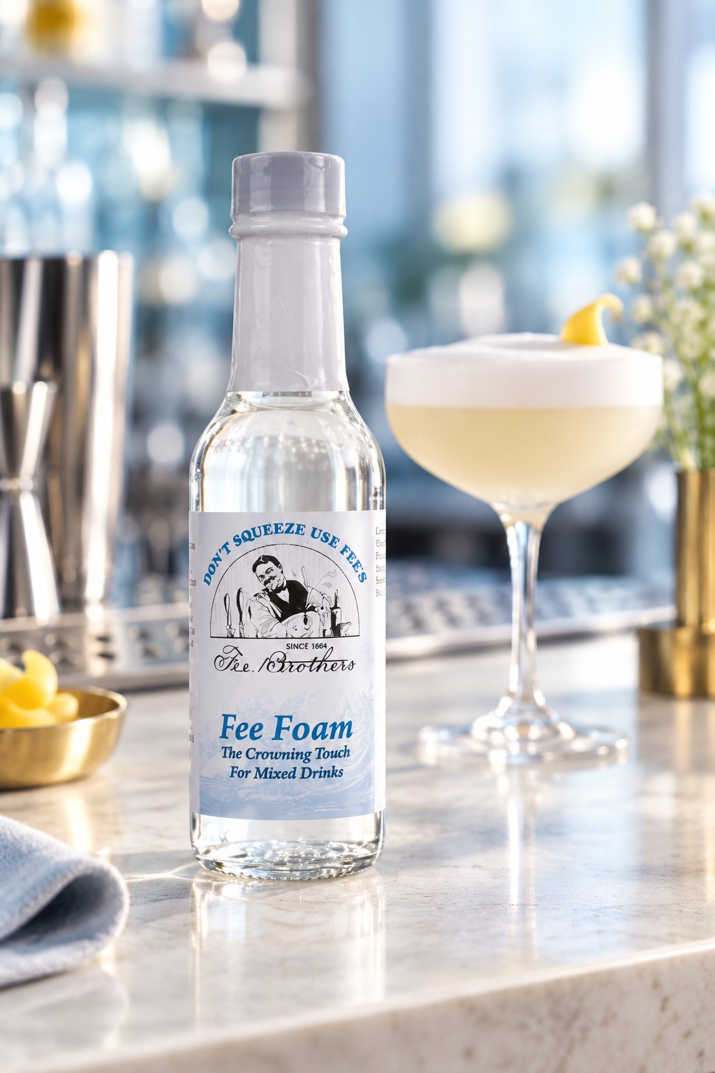 Flacon de Fee Foam à côté d'un cocktail à la mousse blanche et d'un zeste de citron