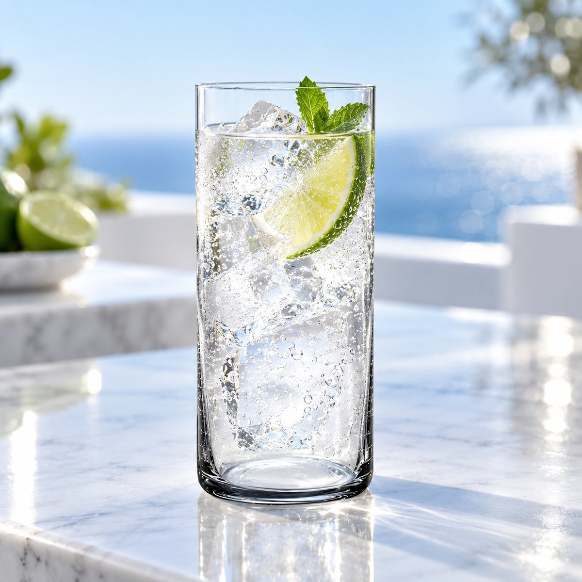Verre long drink Nude Finesse servi avec glace, citron vert et menthe sur un comptoir en marbre