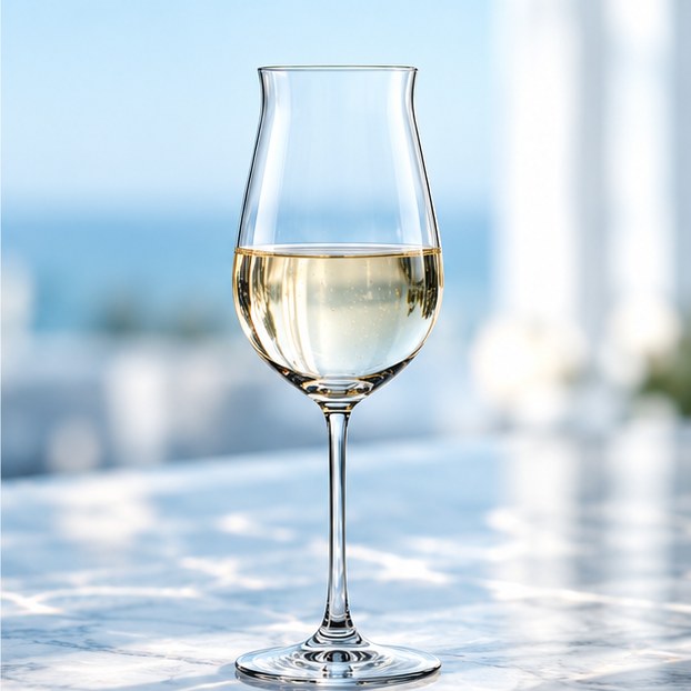 Verre à vin Nude Vintage rempli de vin blanc sur une table en marbre, vue sur la mer