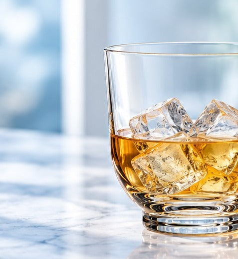 Gros plan sur un verre à whisky Nude Hepburn rempli de whisky et de glaçons sur un comptoir en marbre