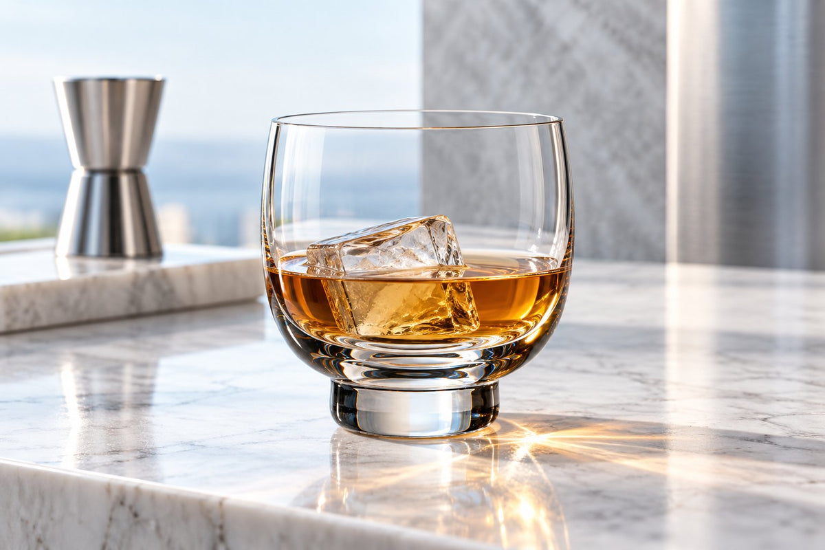 Verre à whisky Nude Malt avec whisky et glaçon sur un comptoir en marbre, jigger en arrière-plan