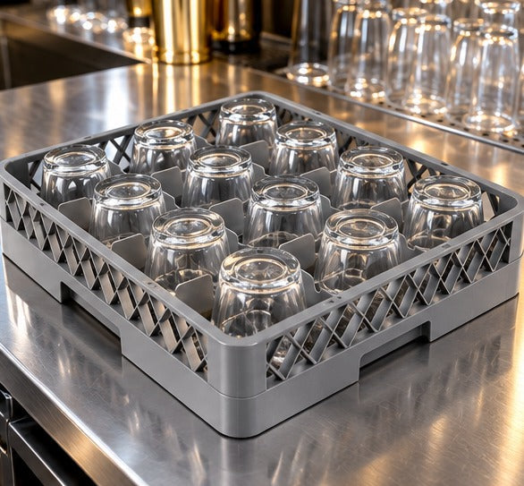 Casier à verres Gastronoble 16 compartiments, garni de verres en cuisine de bar