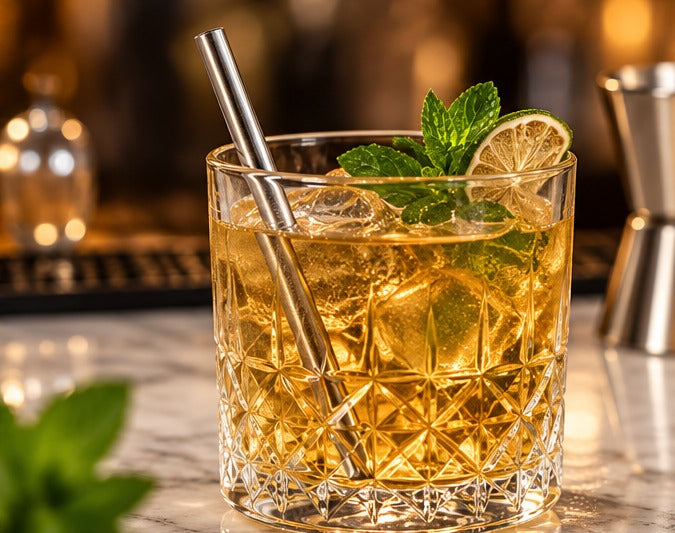 Pailles inox 14,5 cm, dans un cocktail à la menthe