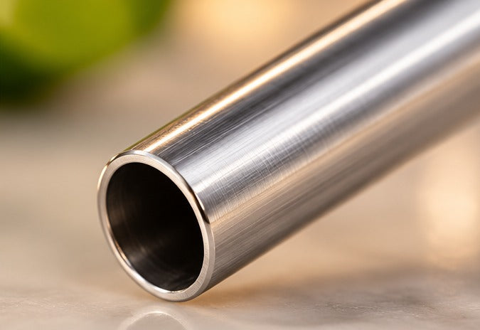Pailles inox 14,5 cm, gros plan sur l'extrémité d'une paille