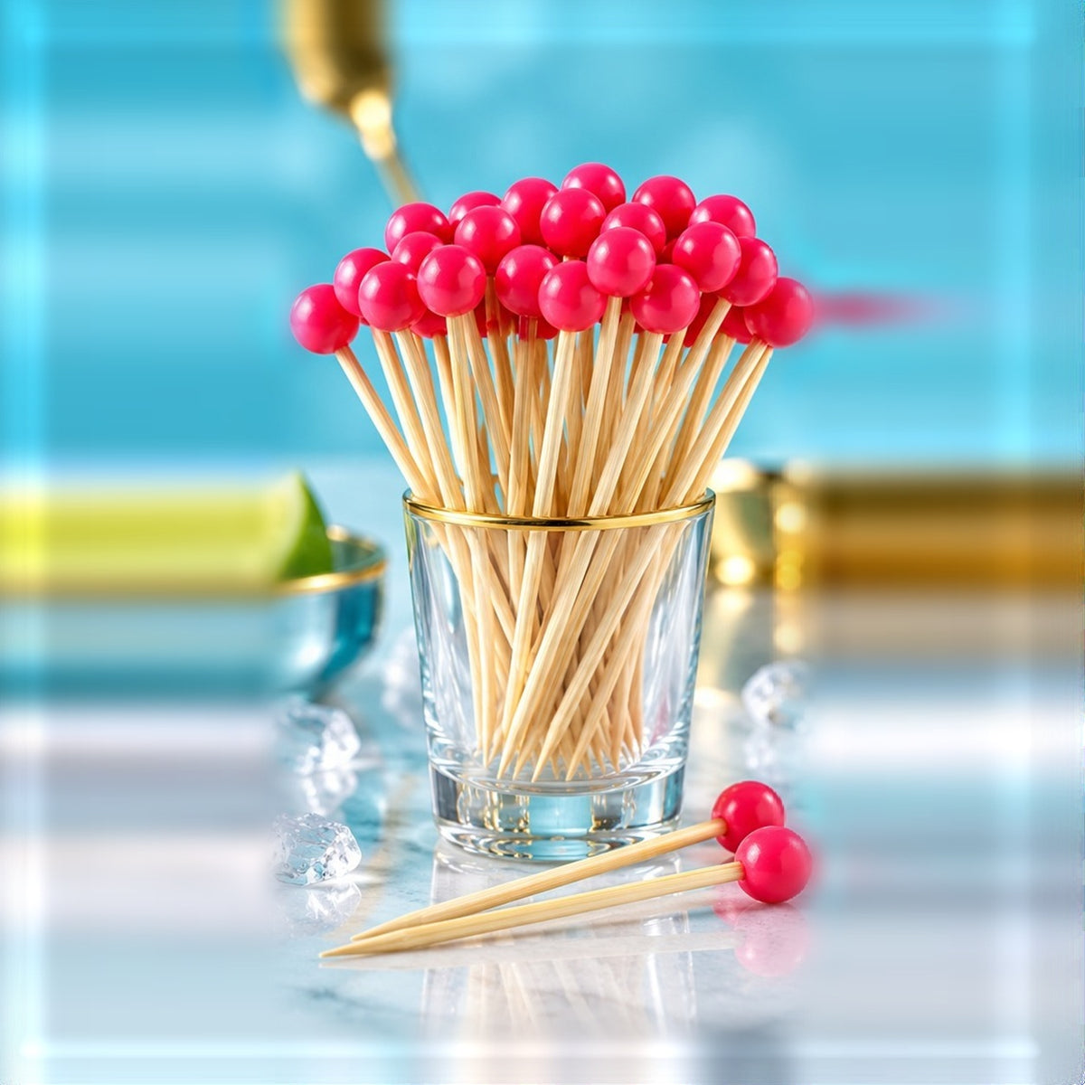 Pics en bambou Oxstal Épingle rose 9 cm, lot de 100, vu de face sur fond clair