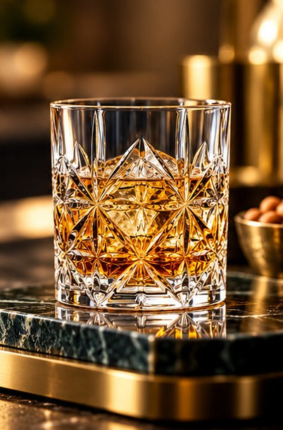 Short drink Nachtmann Highland Cross 34 cl, avec du whisky sur un plateau doré