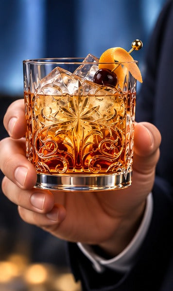 Verre short drink RCR Tattoo 34 cl, tenu en main