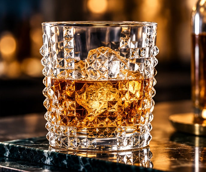 Short drink Nachtmann Punk 35 cl, avec du whisky et des glaçons sur un comptoir de marbre