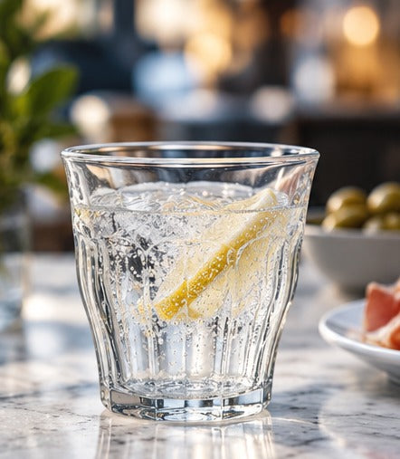 Gobelet Duralex Picardie 16 cl, avec une eau citronnée sur un plan de marbre