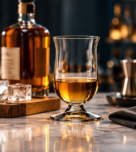 Short drink Riedel Single Malt Whisky 20 cl, avec du whisky près d'une bouteille de spiritueux