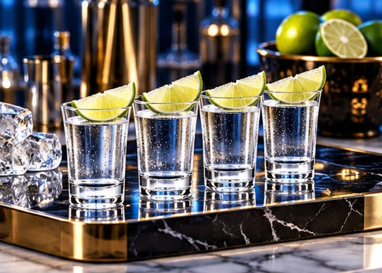 Shot RBdrinks Incassable 5 cl, alignés par quatre sur un plateau doré