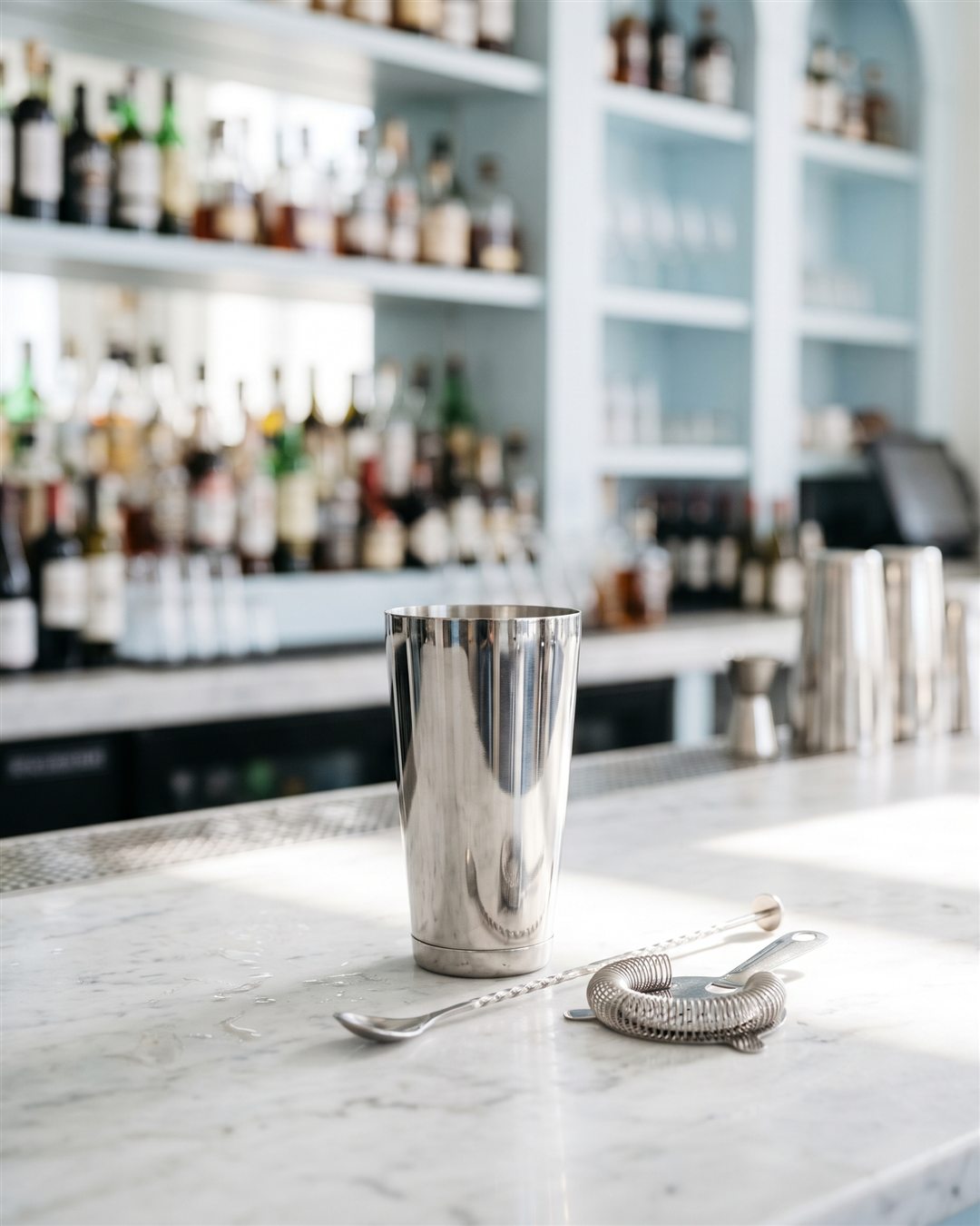 Tin de Boston shaker sur un comptoir de bar en marbre blanc avec une cuillère de bar et une passoire, étagères floues