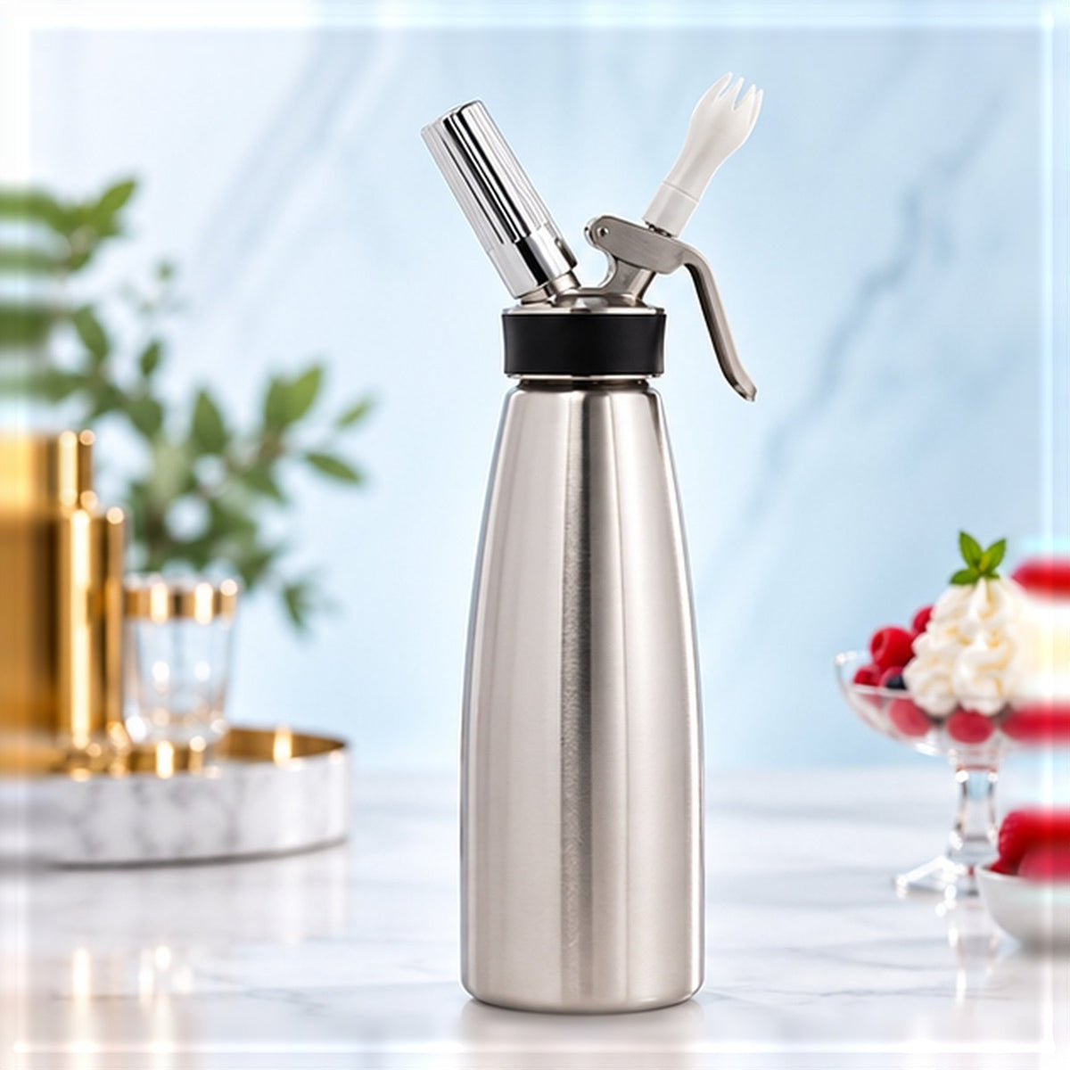 Siphon à chantilly ISI 1 L en inox, vu de face sur un plan de marbre clair