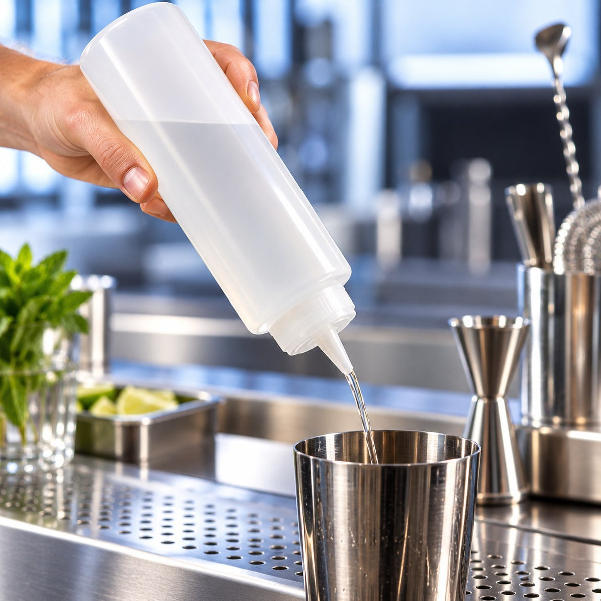 Squeeze bottle Vogue col normal 100 cl, pressée à la main au-dessus d'un shaker