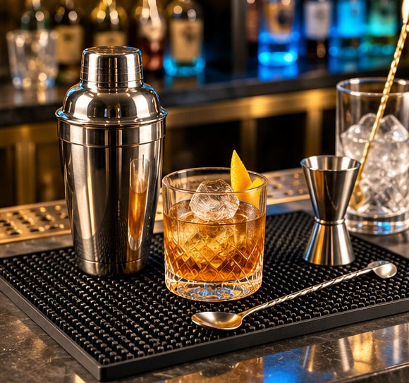 Tapis de bar Beaumont 30 × 45 cm, avec un shaker et un old fashioned posés dessus