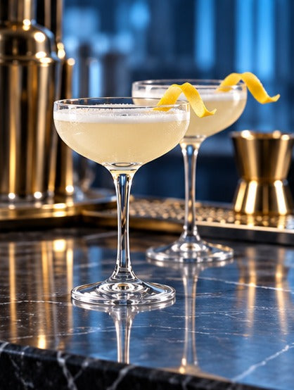 Coupe cocktail Toyo-Sasaki Hard Strong Petiole 13 cl, en duo sur un plan de marbre