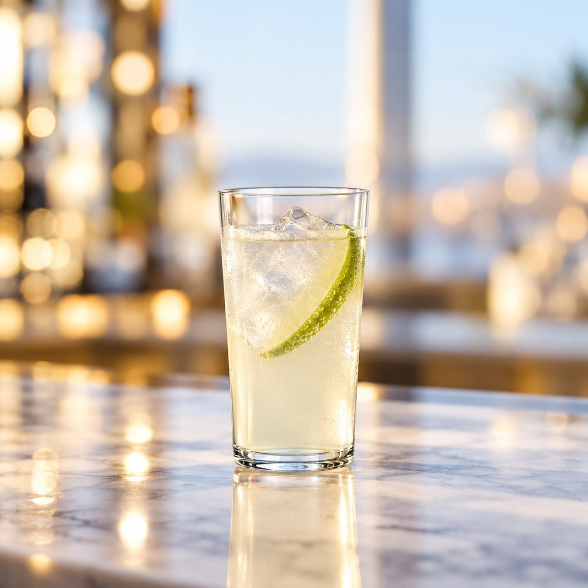 Verre cocktail glass Toyo-Sasaki Usurai 15 cl, avec un cocktail citron vert sur glaçons