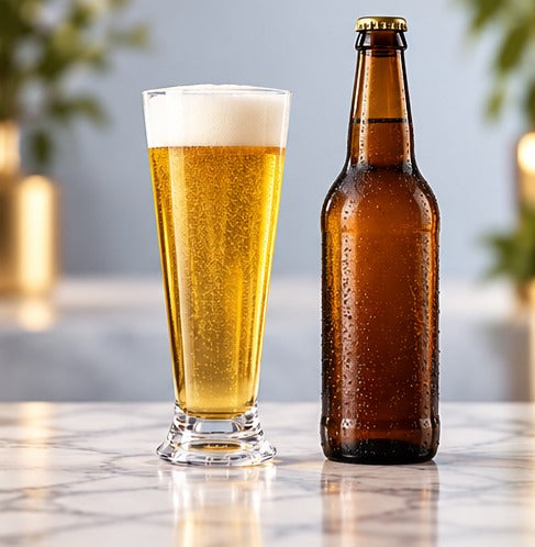 Verre à biere RBdrinks Incassable 33 cl, à côté d'une bouteille de bière brune sur un comptoir de marbre
